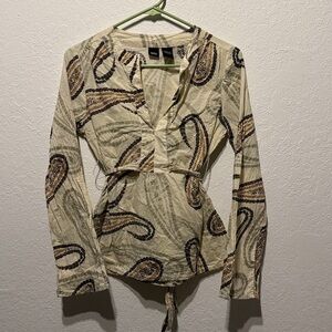 Mossimo Paisley Print Tie Back Blouse Women’s Small S Long Sleeve Boho Retro Top